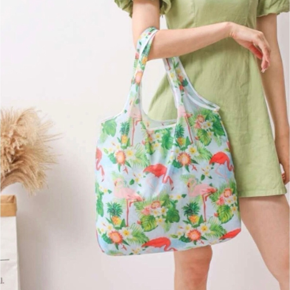 Flamingo Print Reusable Travel Shopping Tote Bag, Green, Pink